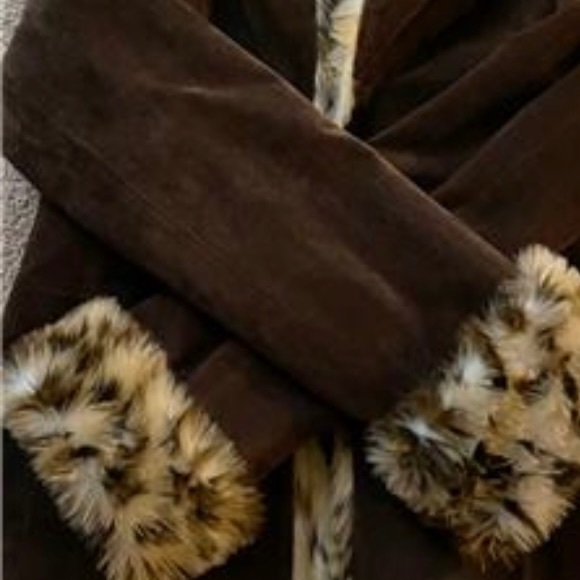 Guess Brown Leather Jacket with Animal Print Trim - Picture 9 of 12